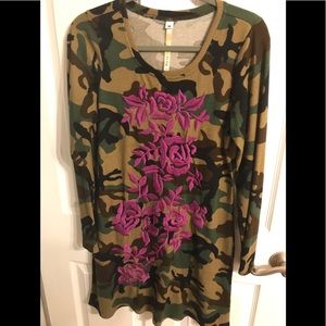 Camo dress with purple floral embroidery